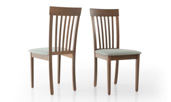 כיסא לפינת אוכל, כיסא ישיבה מעץ מלא בגוון אגוז, לבחירה 4, 6 או 8 כיסאות, מושב בריפוד בד בגוון אפור, דגם 'פטל'