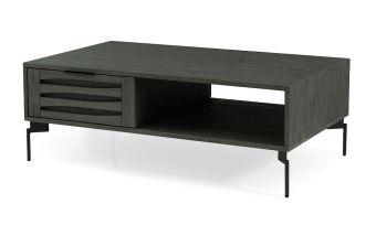 שולחן סלון מלבני בעיצוב מרשים, גוון אפור בשילוב רגלי מתכת בגוון שחור, איזורי אחסון רבים, דגם 'סלבדור'