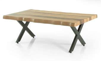 שולחן סלון מלבני מעוצב, גוון אגוז בשילוב רגלי איקס ממתכת שחורה, דגם 'מצדה'
