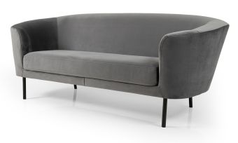 ספה מעוצבת לסלון, בעלת קווים עגולים, ריפוד קטיפתי בשני גוונים לבחירה, רגלי מתכת גבוהות שחורות, דגם 'יערה'