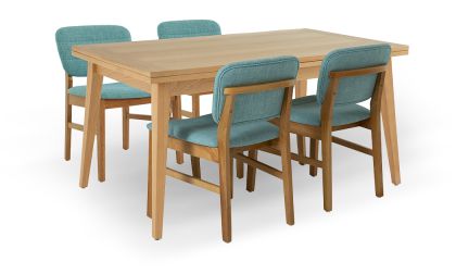 שולחן אוכל נפתח דגם 'בוליבר', 2 הגדלות צד, 2 גדלים לבחירה, כולל 4 כיסאות דגם 'חגיגה' בגוון תכלת