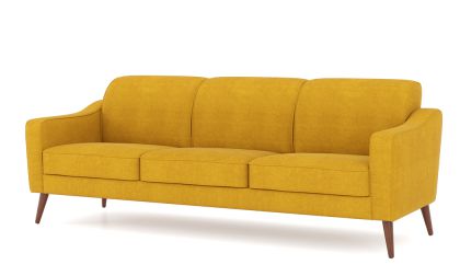 ספה תלת-מושבית בעיצוב 'רטרו', שילדה מעץ מלא, גוון בד לבחירה, רגלים בגוון אגוז, דגם 'זולה'
