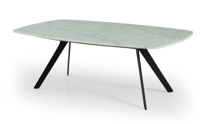 שולחן סלון בעיצוב יוקרתי, שילוב בין פלטת שיש 'קררה' בגוון אפור-לבן ורגלי מתכת שחורות, דגם 'בוגוטה'