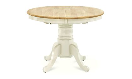 שולחן אוכל עגול נפתח, בעיצוב קלאסי, הגדלת אמצע, קוטר 100 ס''מ, עד 6 סועדים, גוון לבן-שנהב משולב עץ טבעי, דגם 'חלום'