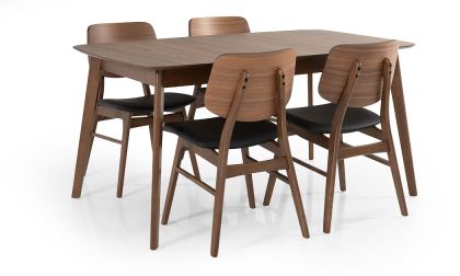 שולחן אוכל נפתח, במראה רטרו, כולל הגדלה אחת, פורניר עץ אגוז טבעי, בשילוב עץ מלא, מתאימה לעד 8 סועדים, דגם 'שקד' כולל 4 או 6 כיסאות דגם 'לואיזה'