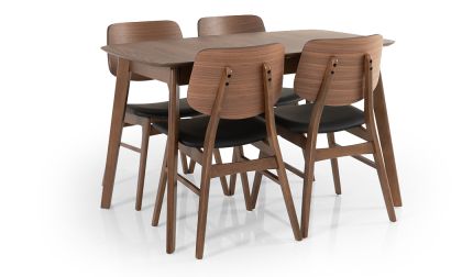 שולחן אוכל נפתח, במראה רטרו, כולל הגדלה אחת, פורניר עץ אגוז טבעי, בשילוב עץ מלא, מתאימה לעד 6 סועדים, דגם 'שקד' כולל 4 או 6 כיסאות דגם 'לואיזה'