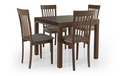 שולחן אוכל נפתח דגם 'פרפר', במראה קלאסי, פתיחת צד נשלפת, רגלי עץ מלא, פורניר אלון בגוון אגוז, עד 6 סועדים, כולל 4 כיסאות לבחירה