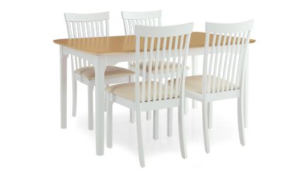 פינת אוכל, שולחן אוכל נפתח, עד 6 סועדים, מסגרת השולחן מעץ מלא, פלטה עליונה פורניר אלון, כולל 4 או 6 כיסאות בגוון לבן מושב דמוי עור בגוון שמנת, דגם 'מליסה'