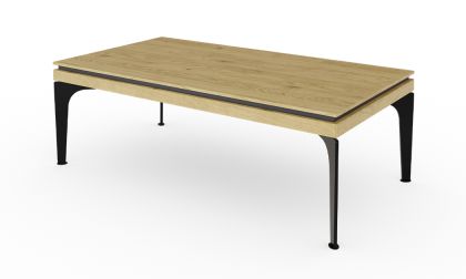 שולחן סלון מלבני, בעיצוב קלאסי, שילוב של פלטה עליונה פורניר אלון, ורגלי מתכת מעוצבות בגוון שחור, דגם 'גושן'
