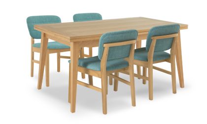 שולחן אוכל נפתח דגם 'בוליבר', 2 הגדלות צד, 2 גדלים לבחירה, כולל 4 כיסאות דגם 'חגיגה' בגוון תכלת