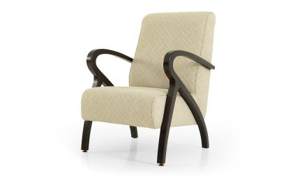 כורסא מעוצבת, ידיות בגוון אגוז או אלון, בדים בהתאמה אישית מקולקציית בדים ייחודית, דגם 'הילרי'