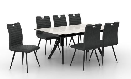 שולחן אוכל נפתח דגם 'קיסר', 2 הגדלות אמצע, מנגנון פתיחה קל, עד 12 סועדים, פלטה בגוון לבן במראה שיש מבריק כולל 6 כיסאות 'דיור' 