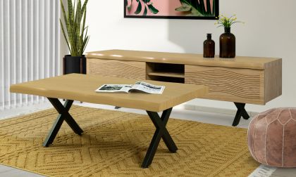 מזנון מעוצב ושולחן לסלון, גוון אלון בשילוב מתכת שחורה, דגם 'מצדה'