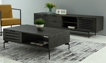 שולחן סלון מלבני ומזנון בעיצוב מרשים, גוון אפור בשילוב רגלי מתכת בגוון שחור, איזורי אחסון רבים, דגם 'סלבדור'